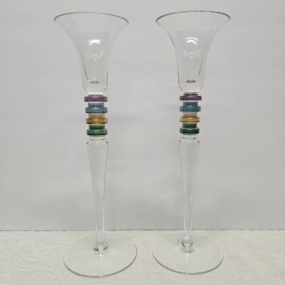 Vintage 90s Block Carnival Crystal Candlestick Holder Set Of 2 Poland 12